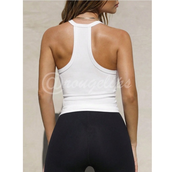 White Ribbed Tank Top Racerback V-Neck Slim Fit Stretchy Basic - Picture 3 of 15